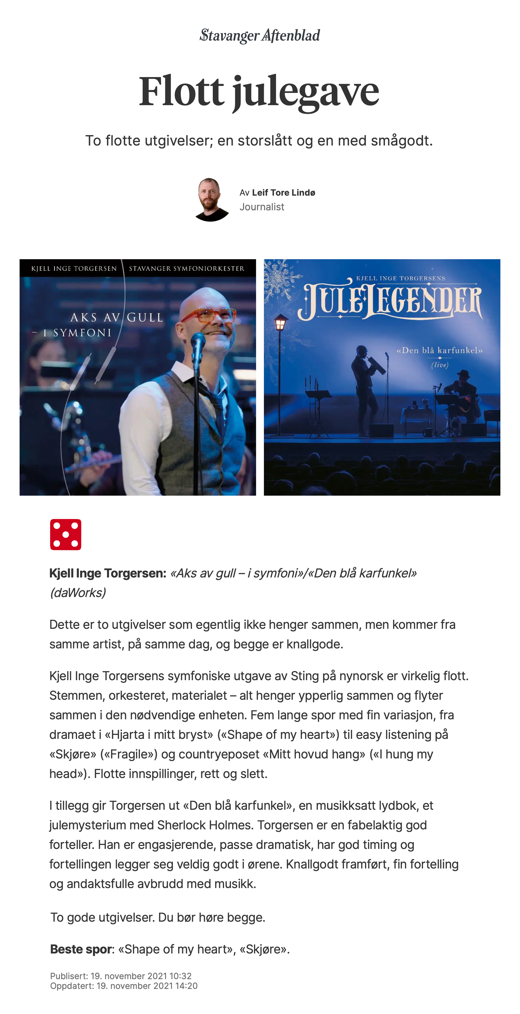 Anmeldelsen hos Stavanger Aftenblad, 19. nov. 2021