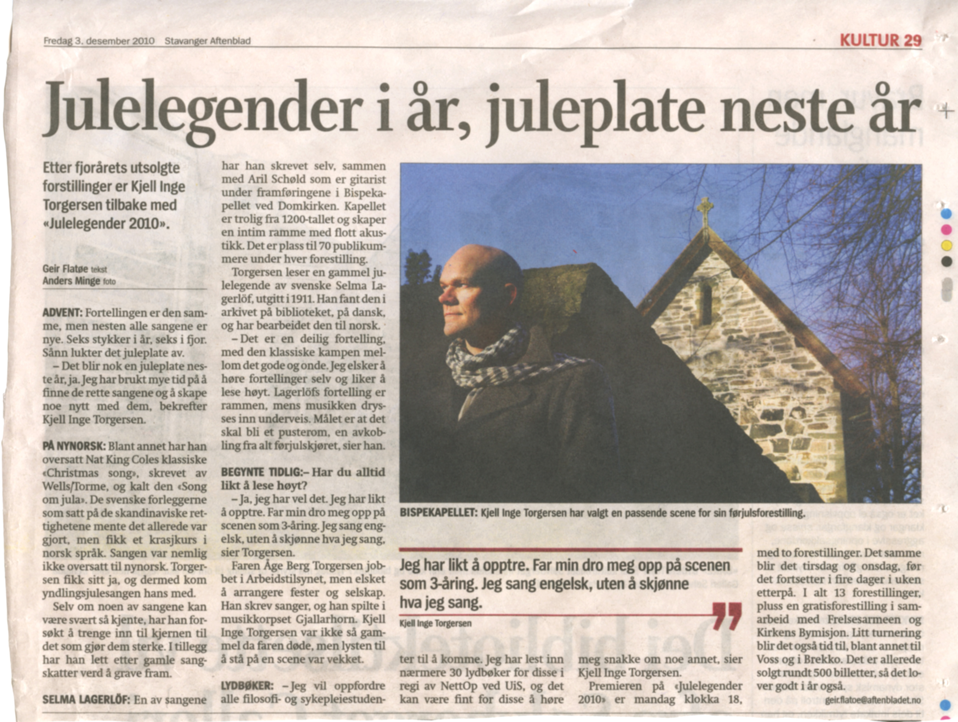 Omtale av innspillingen av Julelegender i Stavanger Aftenblad